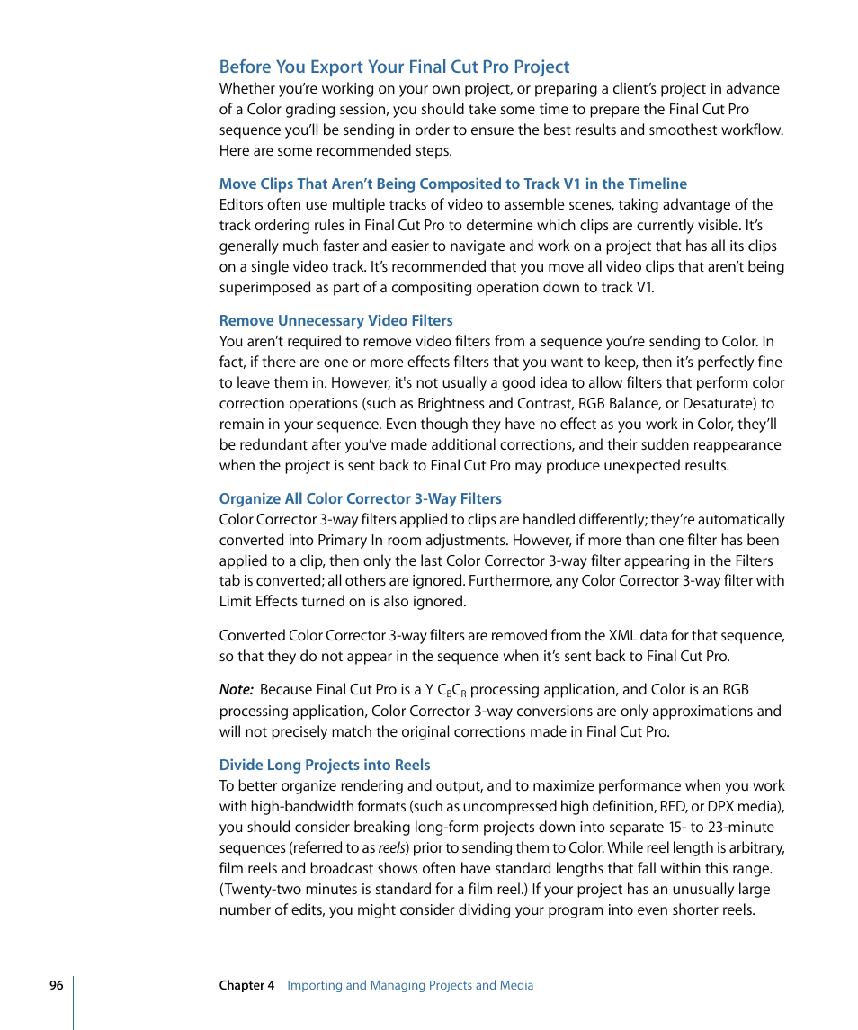 Before you export your final cut pro project, Remove unnecessary video filters, Organize all color corrector 3-way filters | Divide long projects into reels | Apple Color 1.5 User Manual | Page 96 / 434