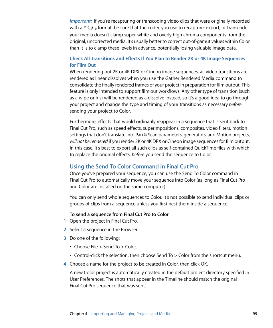 Using the send to color command in final cut pro | Apple Color 1.5 User Manual | Page 99 / 434