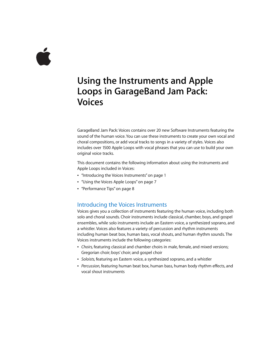 Apple GarageBand Jam Pack: Voices User Manual | 9 pages