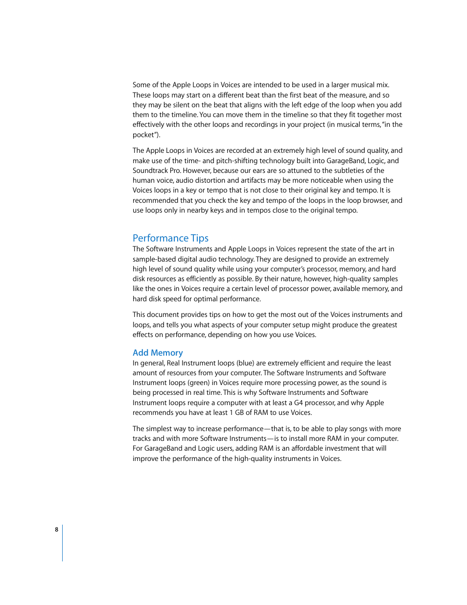 Performance tips, Add memory | Apple GarageBand Jam Pack: Voices User Manual | Page 8 / 9
