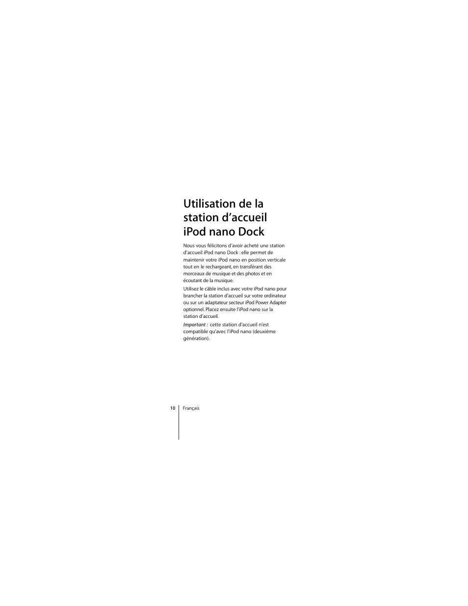 Utilisation de la station d’accueil ipod nano dock | Apple iPod nano (2nd generation) Dock User Manual | Page 10 / 20
