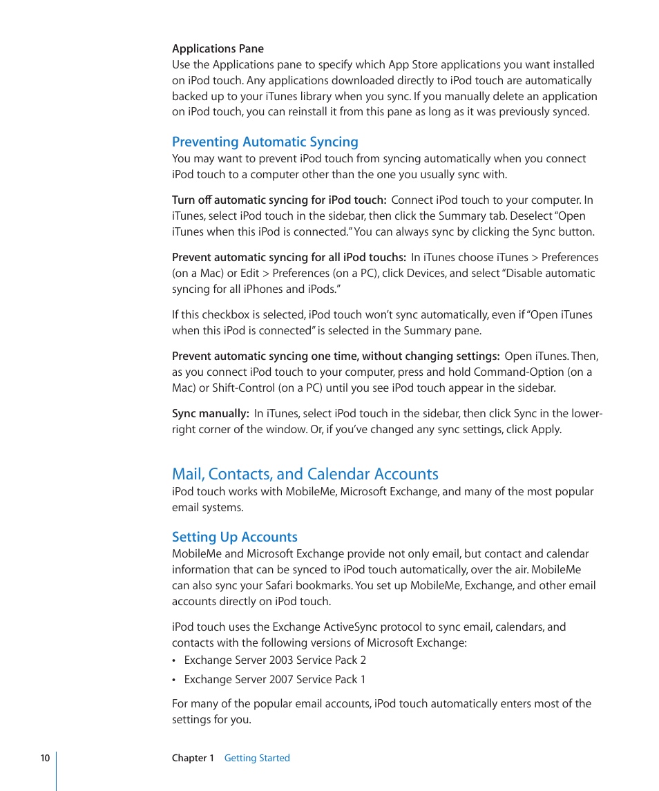 Mail, contacts, and calendar accounts, Setting up accounts, Preventing automatic syncing | Apple iPod touch iOS 2.1 User Manual | Page 10 / 122