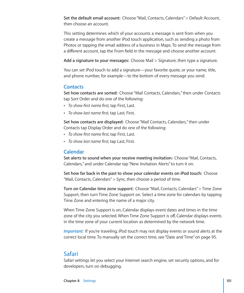 Safari, 101 safari, Contacts | Calendar | Apple iPod touch iOS 2.1 User Manual | Page 101 / 122