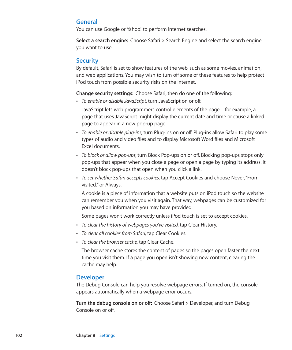 General, Security, Developer | Apple iPod touch iOS 2.1 User Manual | Page 102 / 122