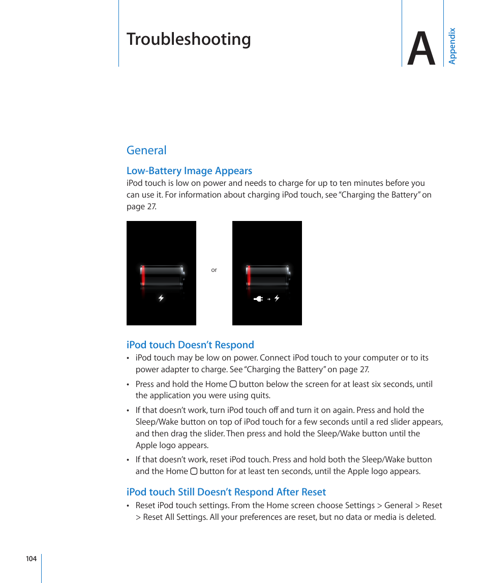 Appendix a: troubleshooting, General, Appendix a: troubleshooting | 104 general, Troubleshooting | Apple iPod touch iOS 2.1 User Manual | Page 104 / 122