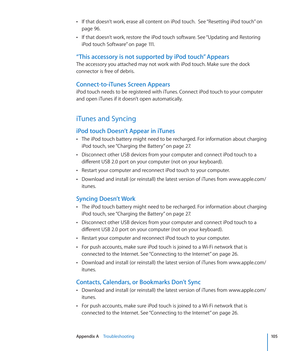 Itunes and syncing, 105 itunes and syncing, Connect-to-itunes screen appears | Ipod touch doesn’t appear in itunes, Syncing doesn’t work, Contacts, calendars, or bookmarks don’t sync | Apple iPod touch iOS 2.1 User Manual | Page 105 / 122