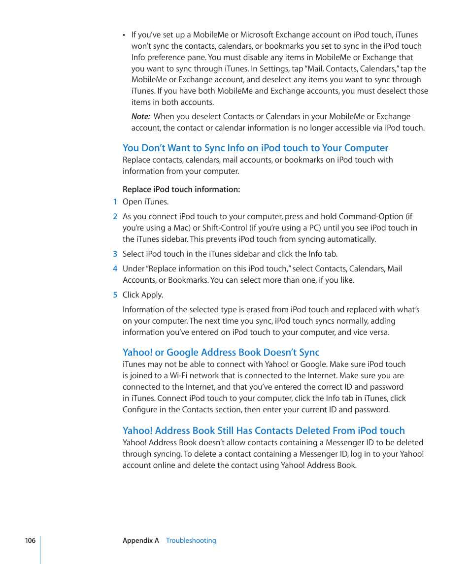 Yahoo! or google address book doesn’t sync | Apple iPod touch iOS 2.1 User Manual | Page 106 / 122