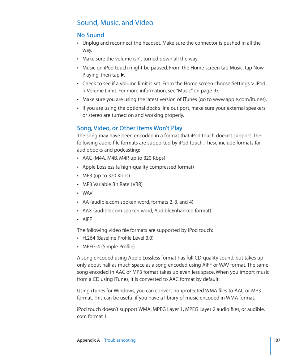 Sound, music, and video, 107 sound, music, and video, No sound | Song, video, or other items won’t play | Apple iPod touch iOS 2.1 User Manual | Page 107 / 122