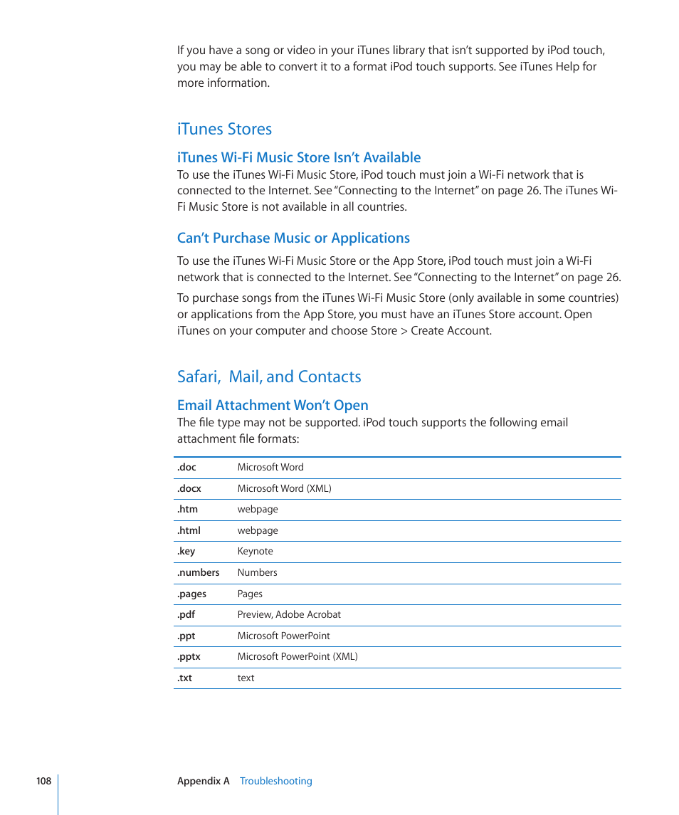 Itunes stores, Safari, mail, and contacts, 108 itunes stores | 108 safari, mail, and contacts, Itunes wi-fi music store isn’t available, Can’t purchase music or applications, Email attachment won’t open | Apple iPod touch iOS 2.1 User Manual | Page 108 / 122