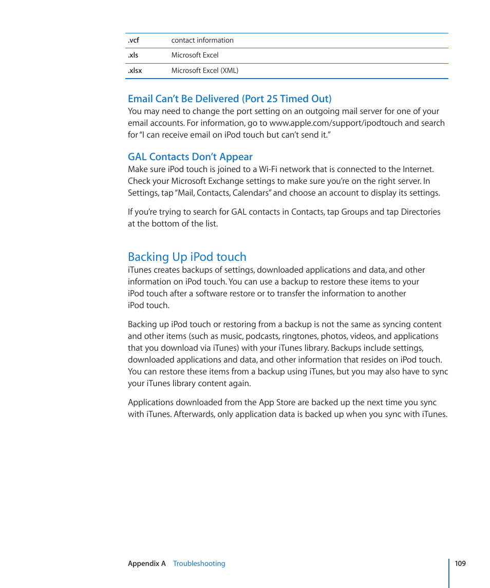 Backing up ipod touch, 109 backing up ipod touch, Email can’t be delivered (port 25 timed out) | Gal contacts don’t appear | Apple iPod touch iOS 2.1 User Manual | Page 109 / 122