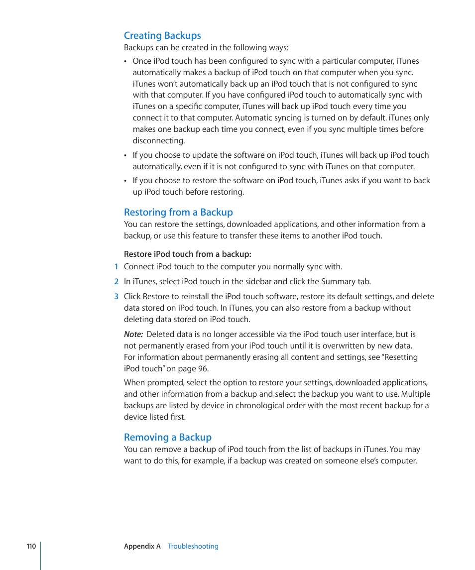 Creating backups, Restoring from a backup, Removing a backup | Apple iPod touch iOS 2.1 User Manual | Page 110 / 122