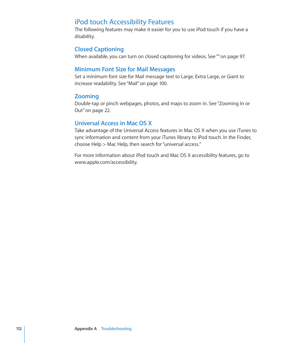 Ipod touch accessibility features, 112 ipod touch accessibility features | Apple iPod touch iOS 2.1 User Manual | Page 112 / 122