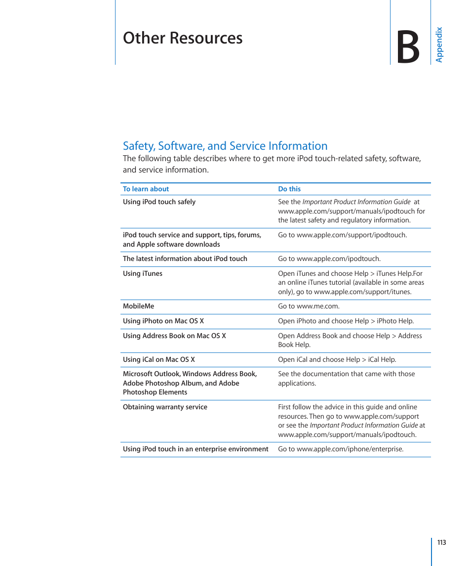 Appendix b: other resources, Safety, software, and service information, Appendix b: other resources | 113 safety, software, and service information, Other resources | Apple iPod touch iOS 2.1 User Manual | Page 113 / 122