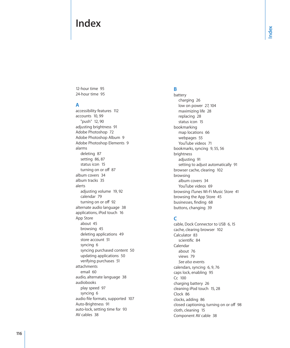 Index | Apple iPod touch iOS 2.1 User Manual | Page 116 / 122