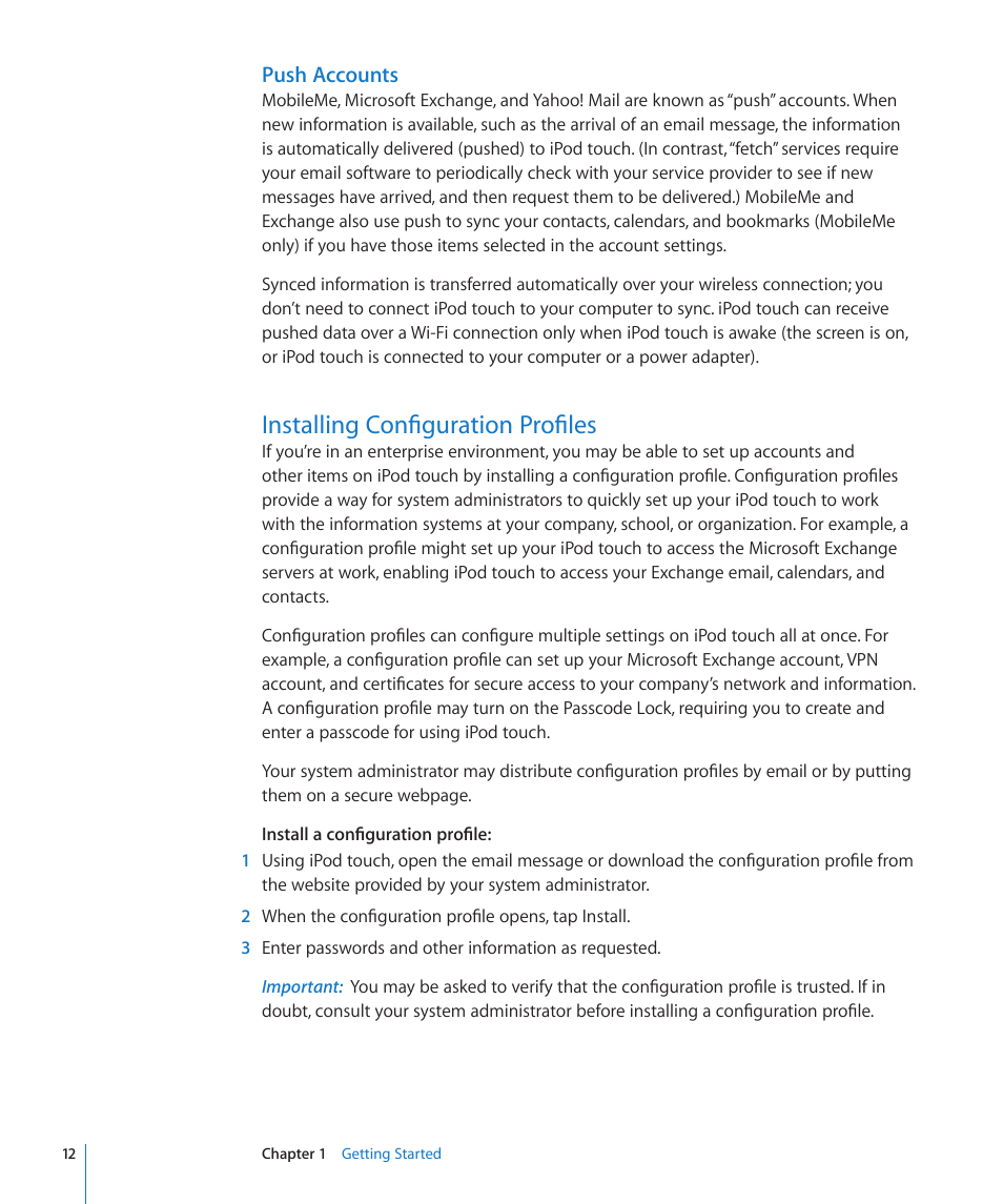 Installing configuration profiles, Push accounts | Apple iPod touch iOS 2.1 User Manual | Page 12 / 122