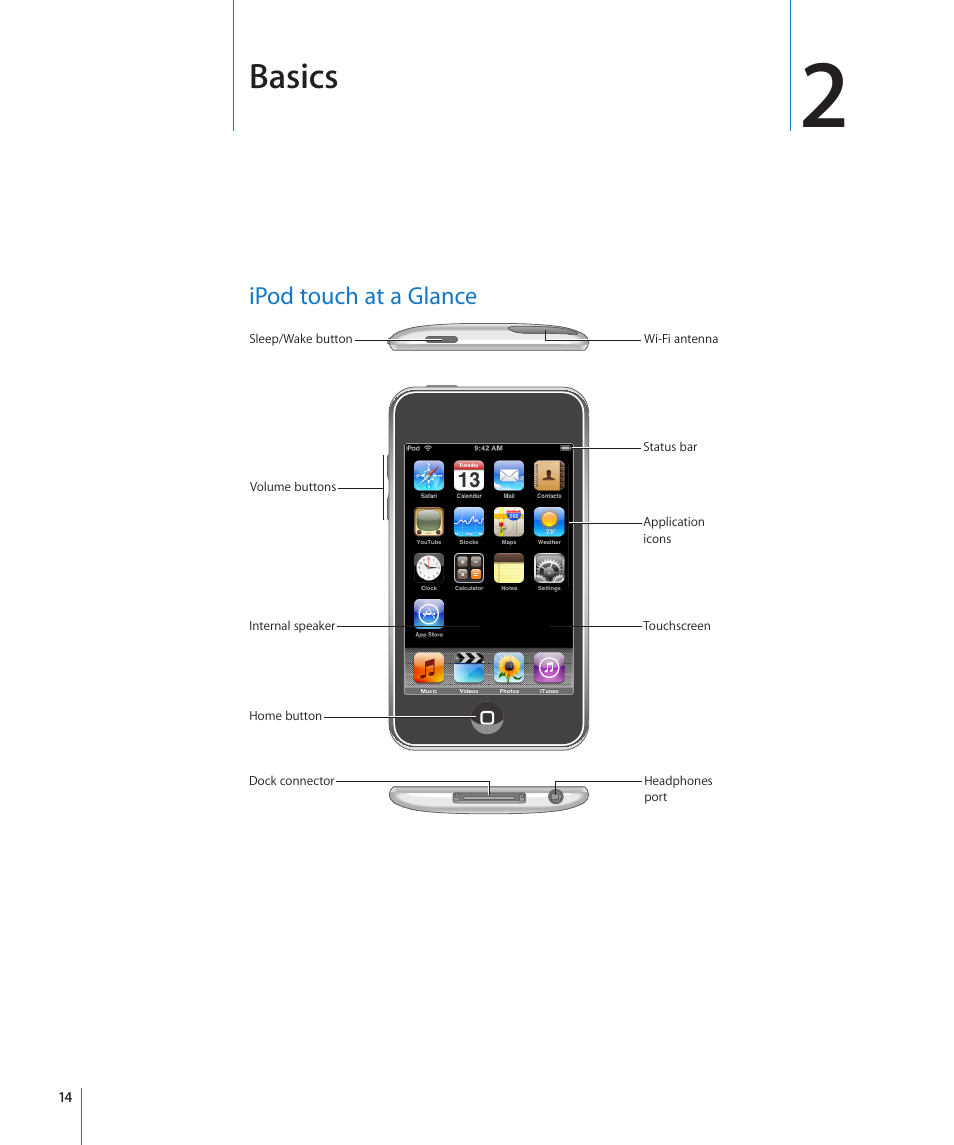 Chapter 2: basics, Ipod touch at a glance, Basics | Apple iPod touch iOS 2.1 User Manual | Page 14 / 122