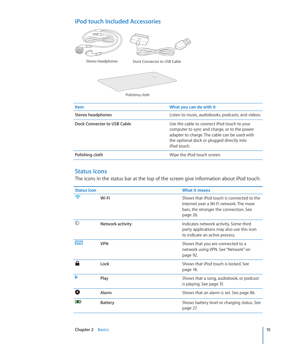 Ipod touch included accessories, Status icons | Apple iPod touch iOS 2.1 User Manual | Page 15 / 122