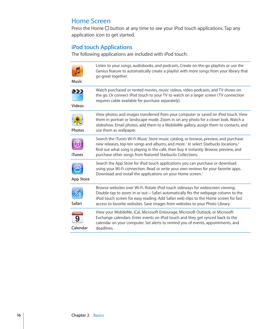 Home screen, 16 home screen, Ipod touch applications | Apple iPod touch iOS 2.1 User Manual | Page 16 / 122