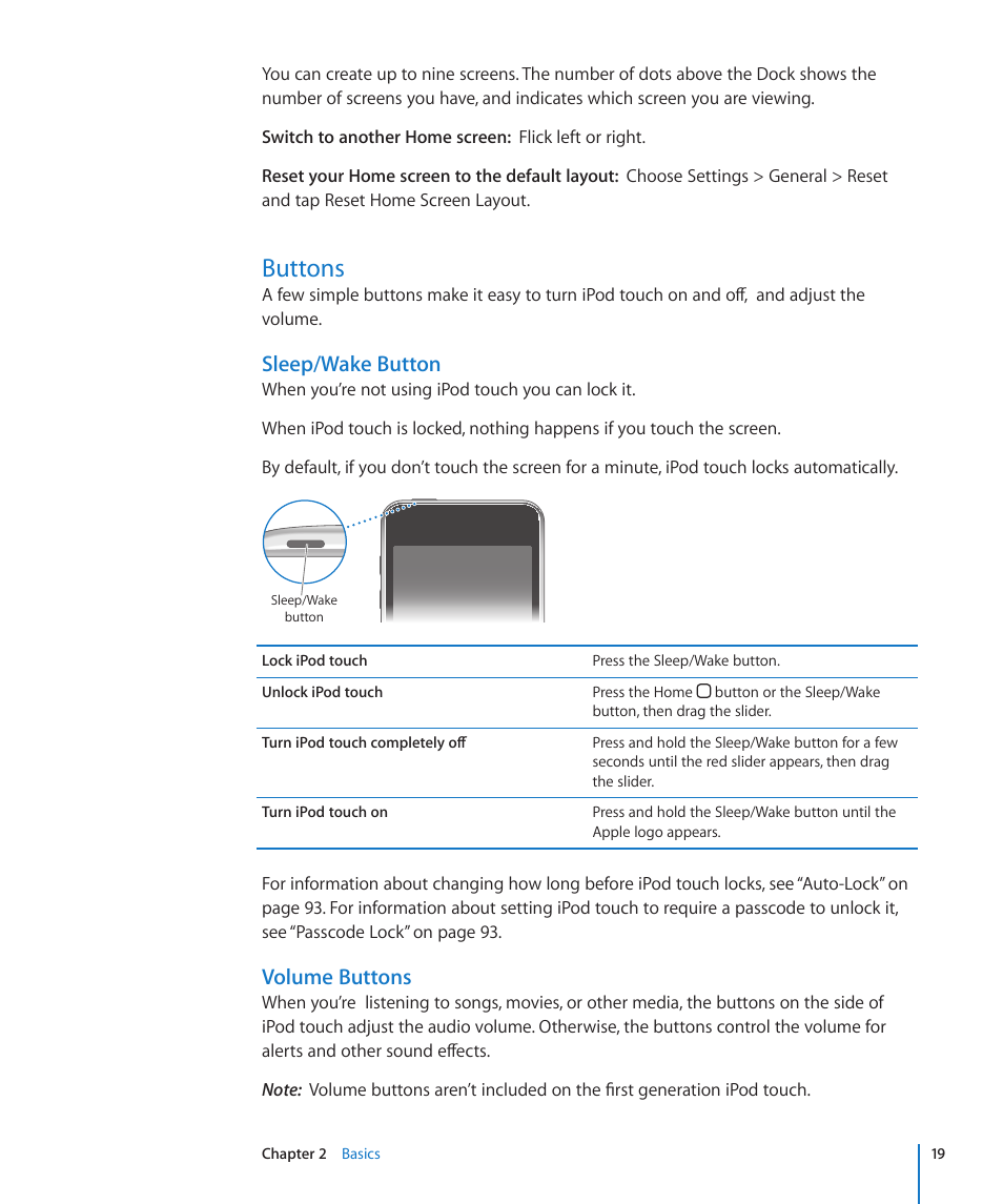 Buttons, Sleep/wake button, Volume buttons | Apple iPod touch iOS 2.1 User Manual | Page 19 / 122