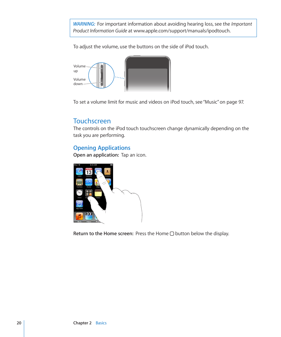 Touchscreen, 20 touchscreen, Opening applications | Apple iPod touch iOS 2.1 User Manual | Page 20 / 122