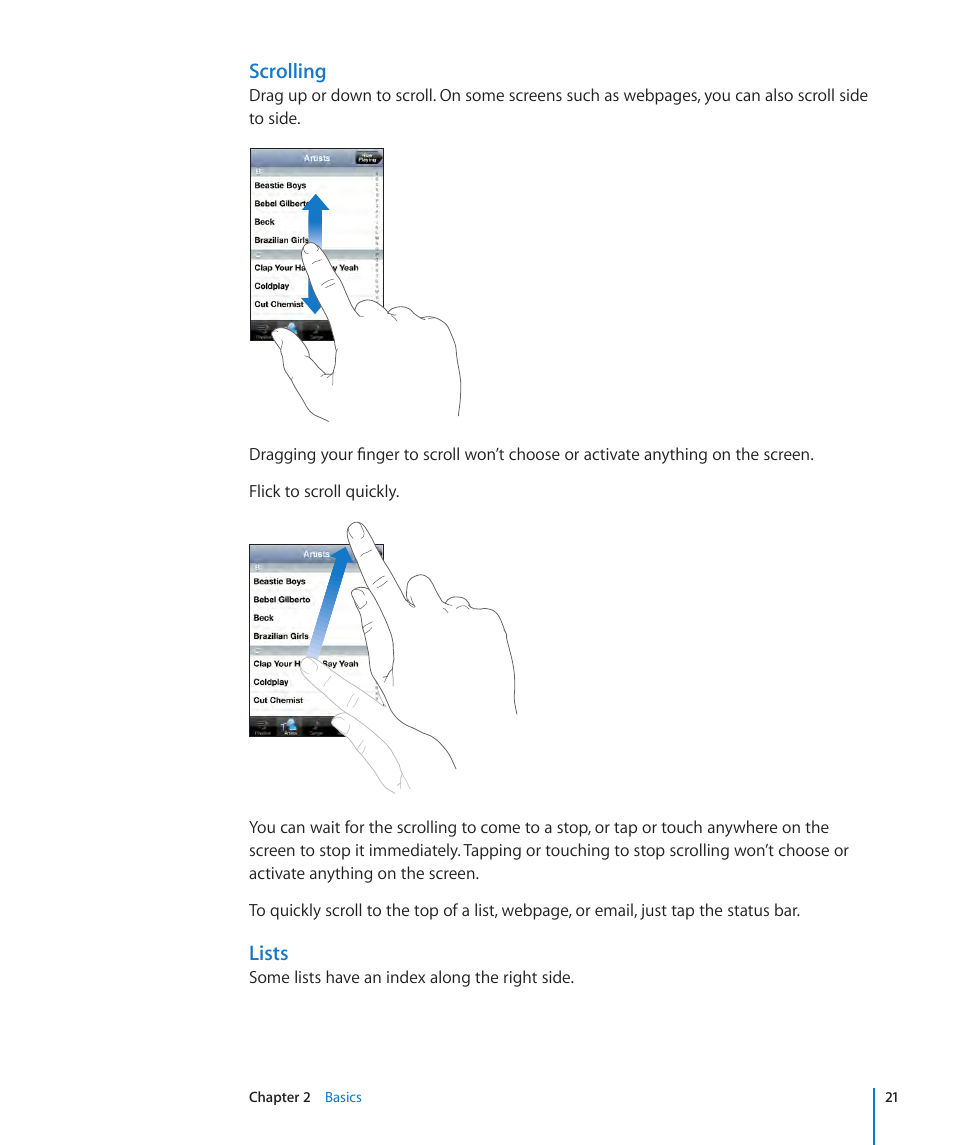 Scrolling, Lists | Apple iPod touch iOS 2.1 User Manual | Page 21 / 122