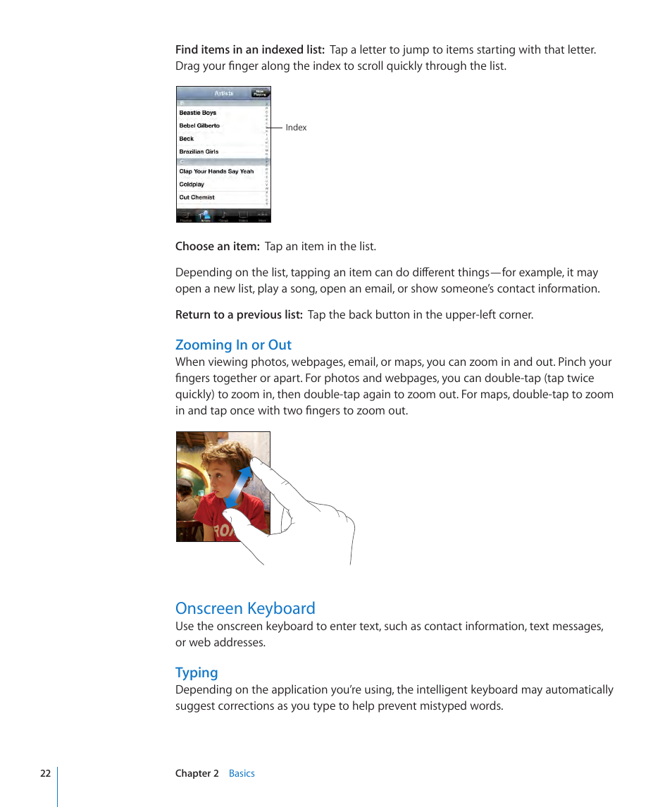 Onscreen keyboard, 22 onscreen keyboard, Zooming in or out | Typing | Apple iPod touch iOS 2.1 User Manual | Page 22 / 122