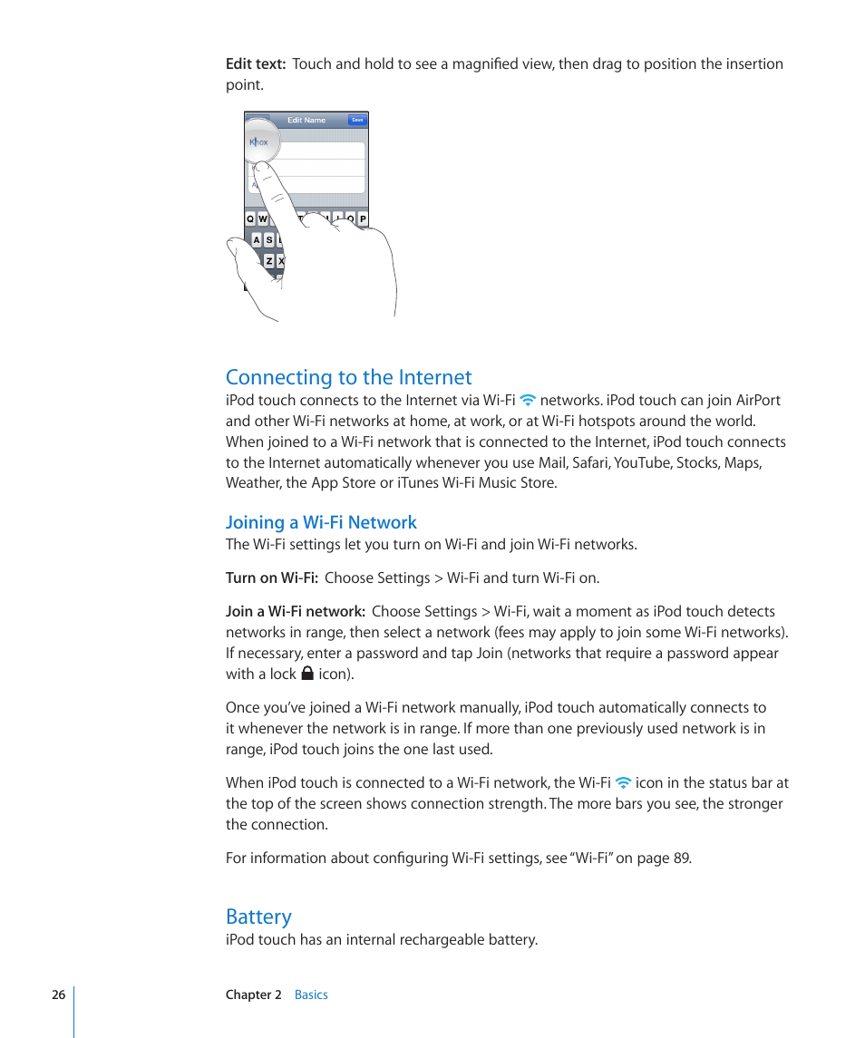 Connecting to the internet, Battery, 26 connecting to the internet 26 battery | Joining a wi-fi network | Apple iPod touch iOS 2.1 User Manual | Page 26 / 122