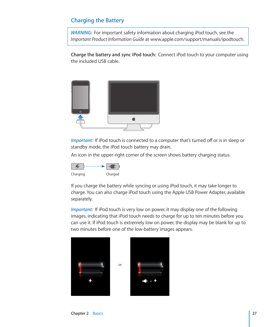 Charging the battery | Apple iPod touch iOS 2.1 User Manual | Page 27 / 122