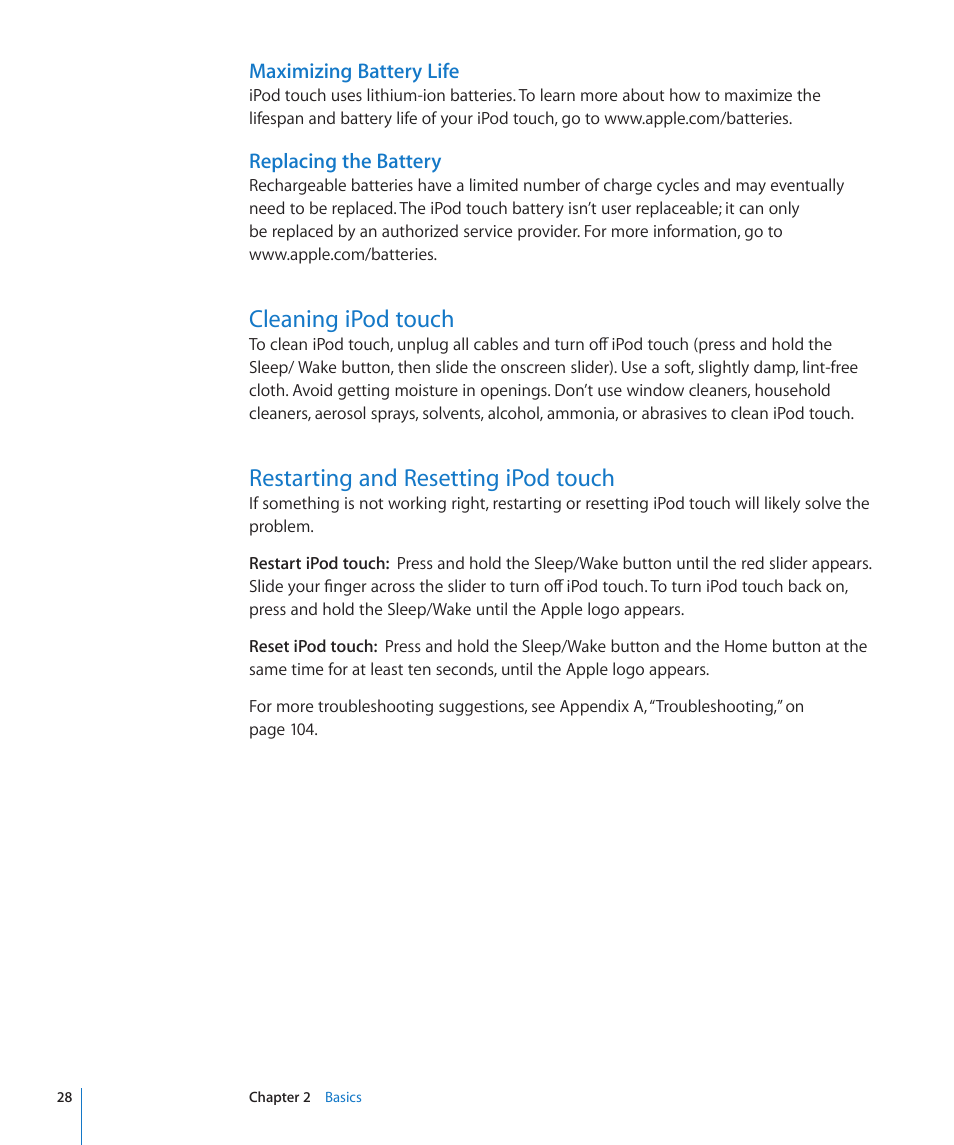 Cleaning ipod touch, Restarting and resetting ipod touch | Apple iPod touch iOS 2.1 User Manual | Page 28 / 122