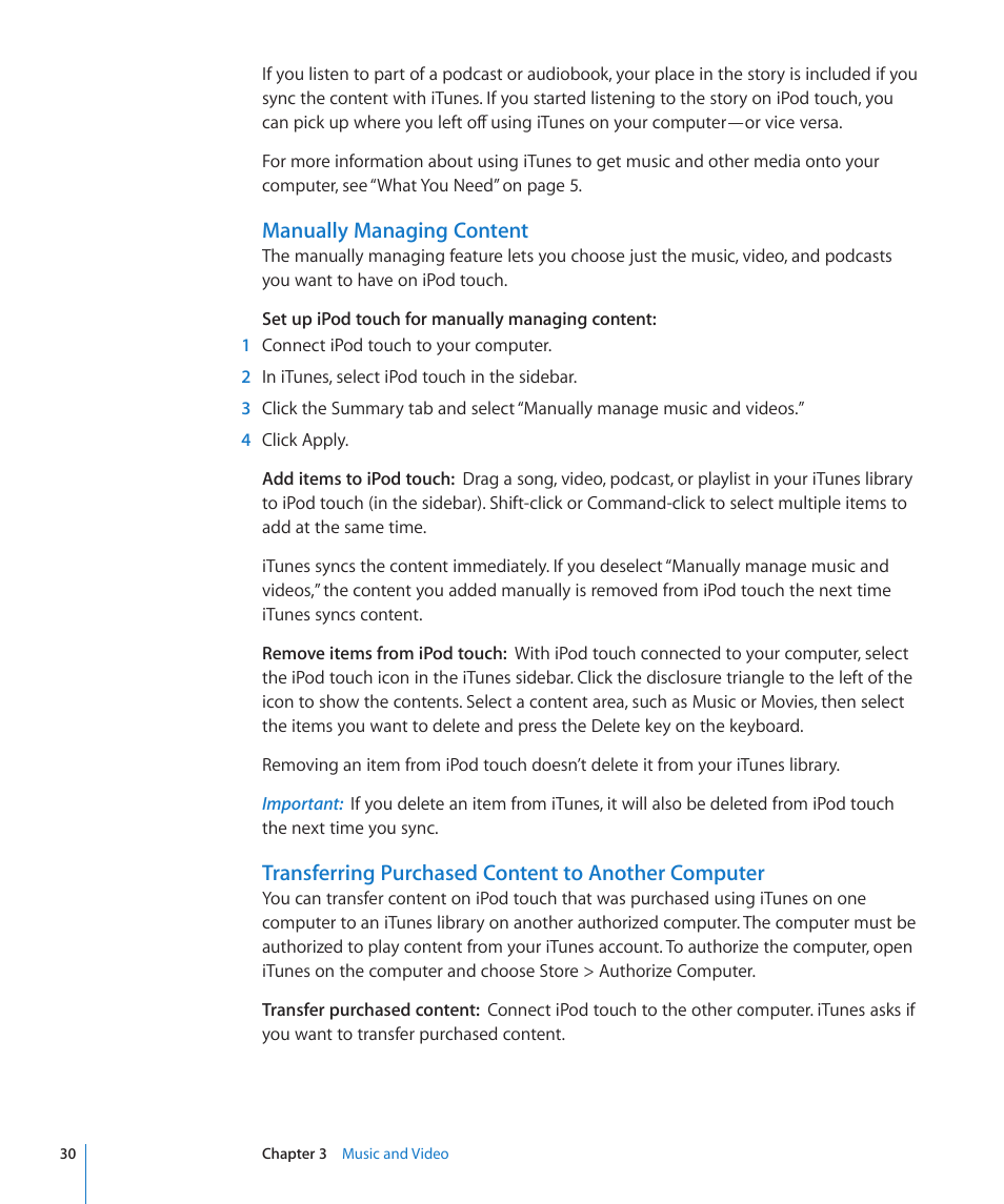 Manually managing content, Transferring purchased content to another computer | Apple iPod touch iOS 2.1 User Manual | Page 30 / 122