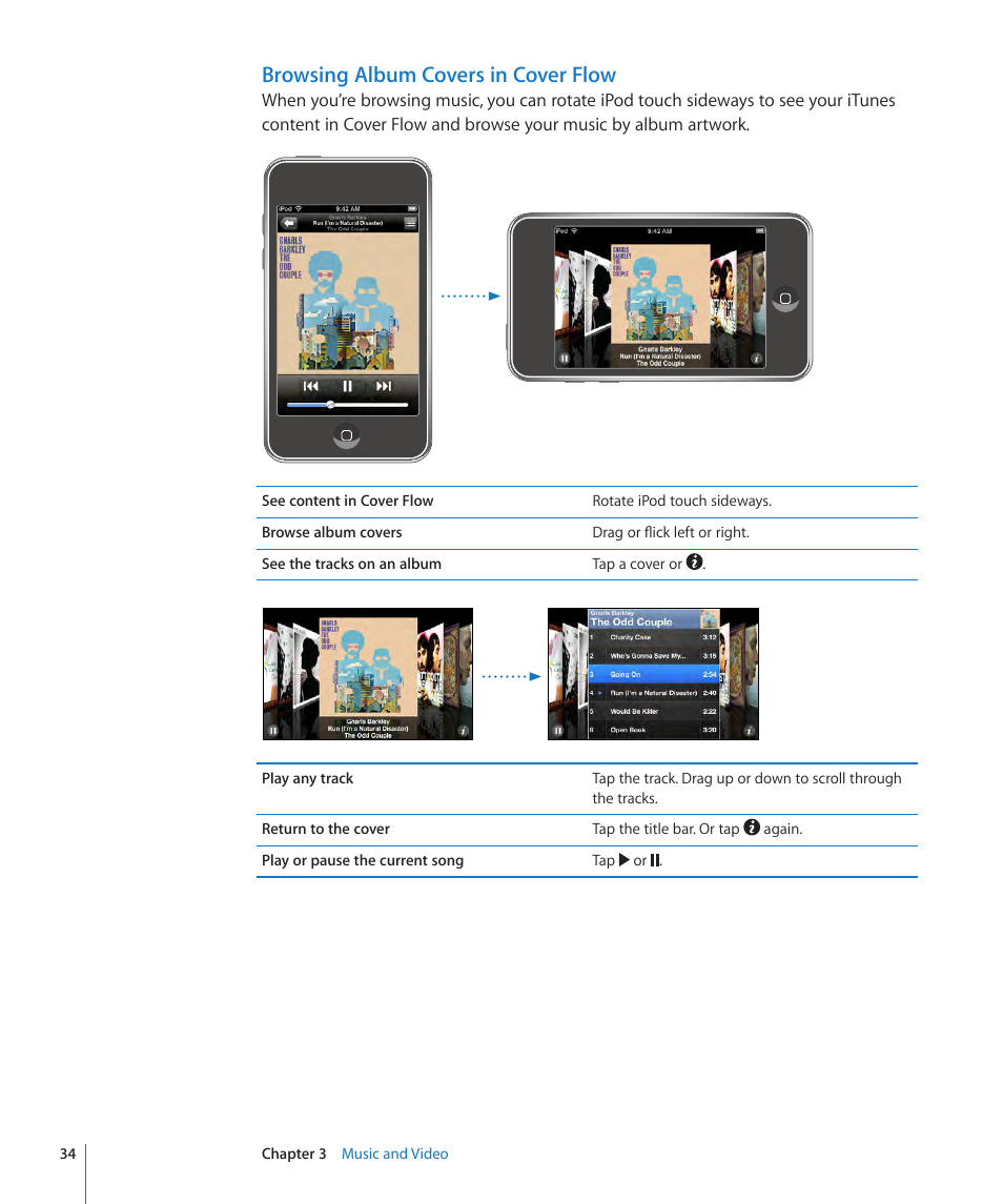 Browsing album covers in cover flow | Apple iPod touch iOS 2.1 User Manual | Page 34 / 122