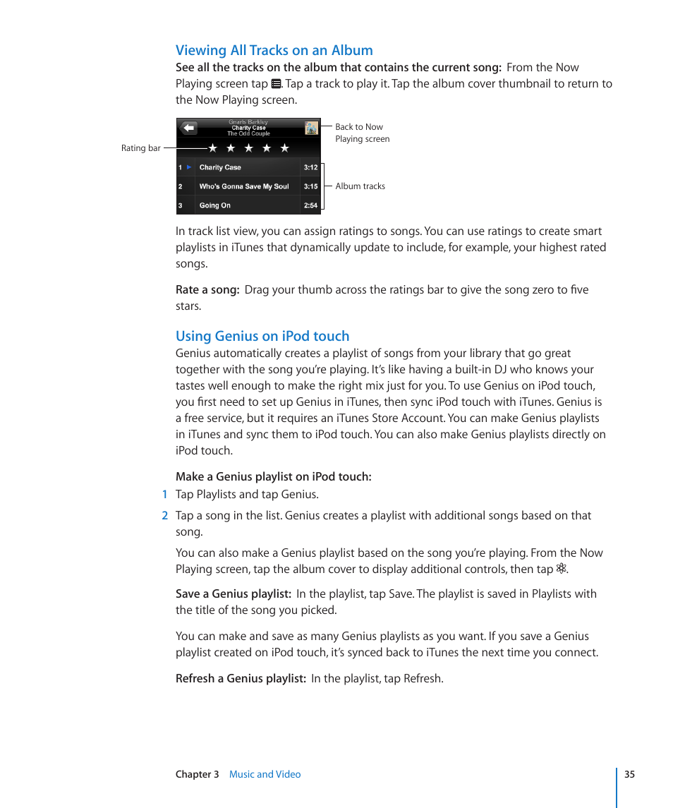 Viewing all tracks on an album, Using genius on ipod touch | Apple iPod touch iOS 2.1 User Manual | Page 35 / 122