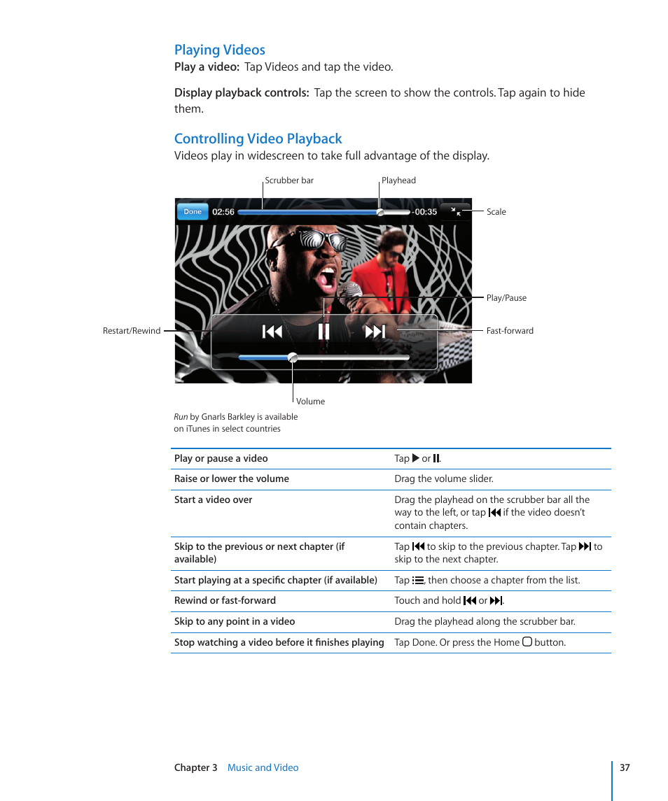 Playing videos, Controlling video playback | Apple iPod touch iOS 2.1 User Manual | Page 37 / 122