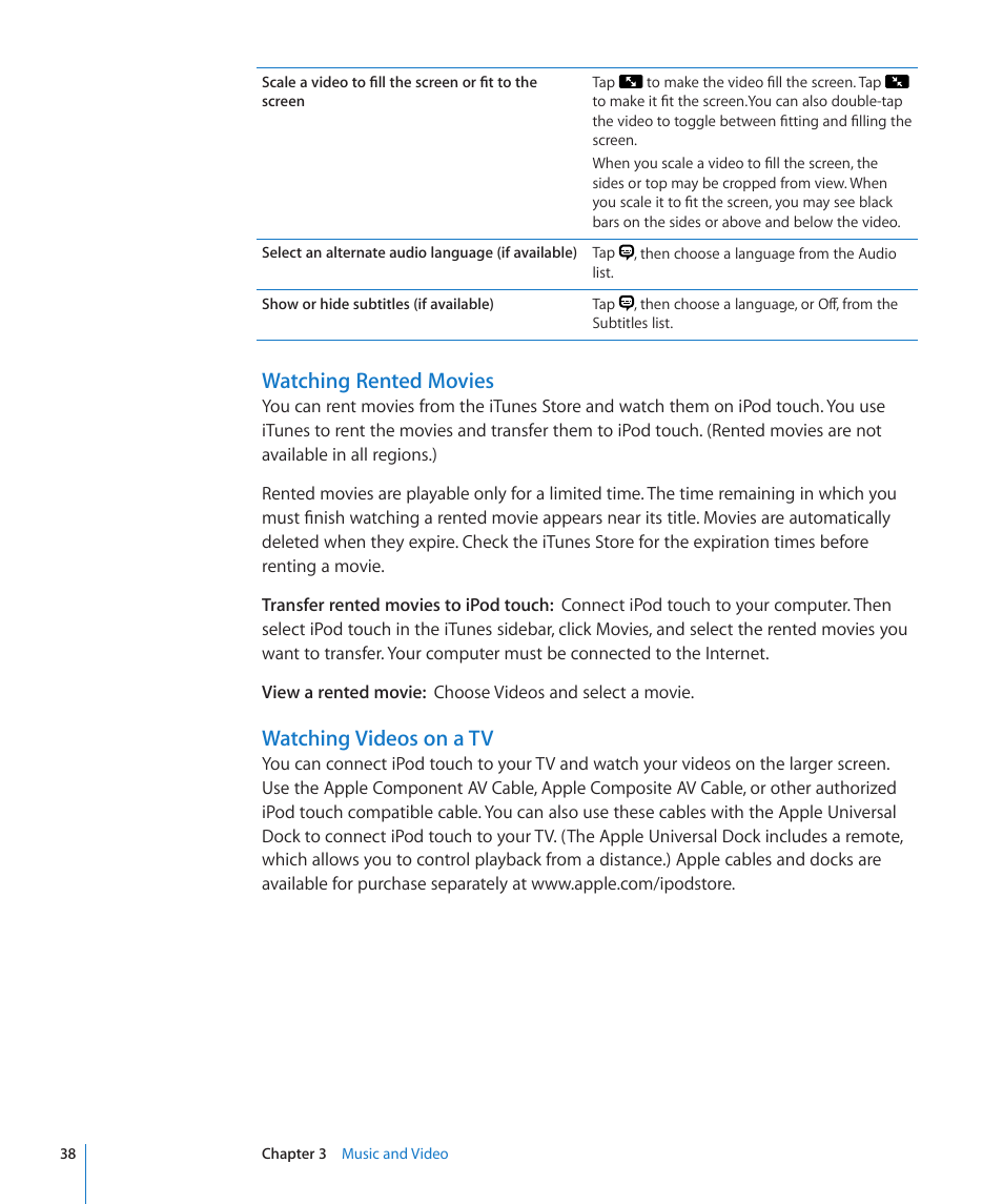 Watching rented movies, Watching videos on a tv | Apple iPod touch iOS 2.1 User Manual | Page 38 / 122