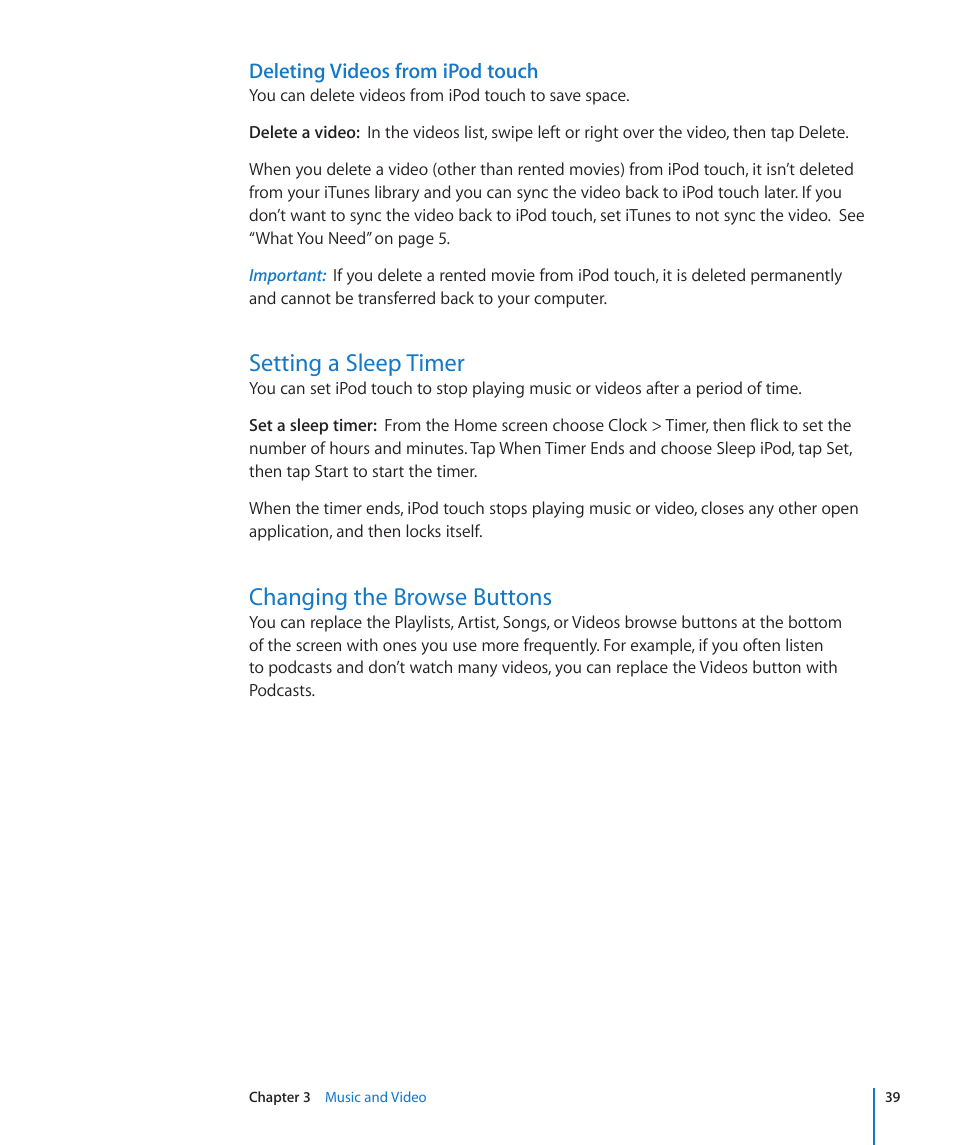 Setting a sleep timer, Changing the browse buttons | Apple iPod touch iOS 2.1 User Manual | Page 39 / 122