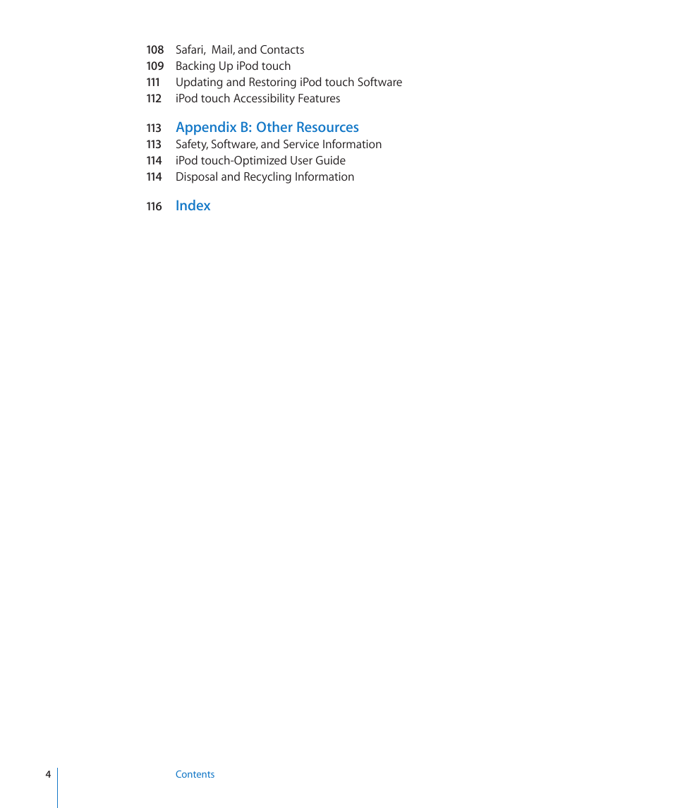 Appendix b: other resources, Index | Apple iPod touch iOS 2.1 User Manual | Page 4 / 122