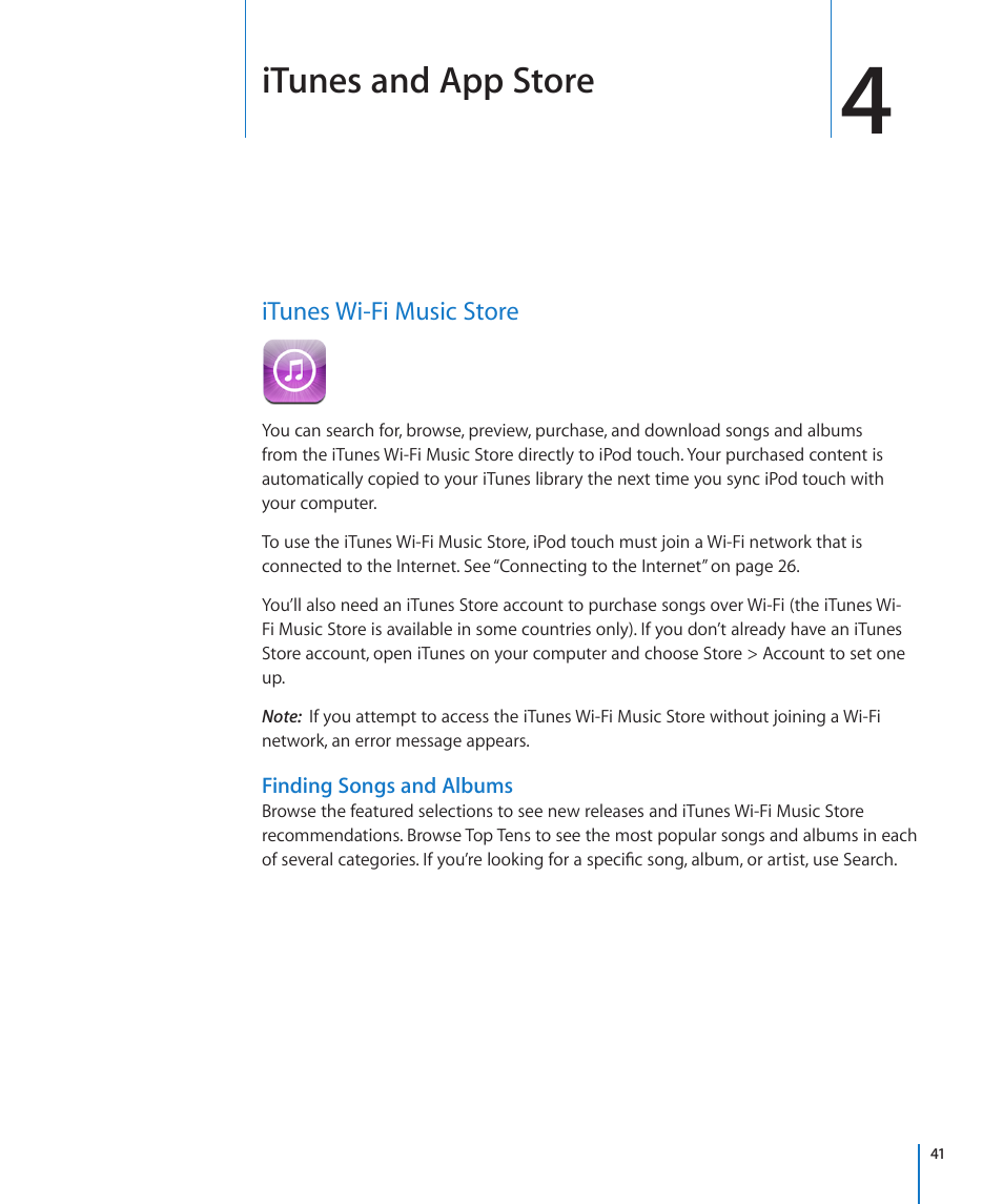 Chapter 4: itunes and app store, Itunes wi-fi music store, 41 itunes wi-fi music store | Itunes and app store | Apple iPod touch iOS 2.1 User Manual | Page 41 / 122