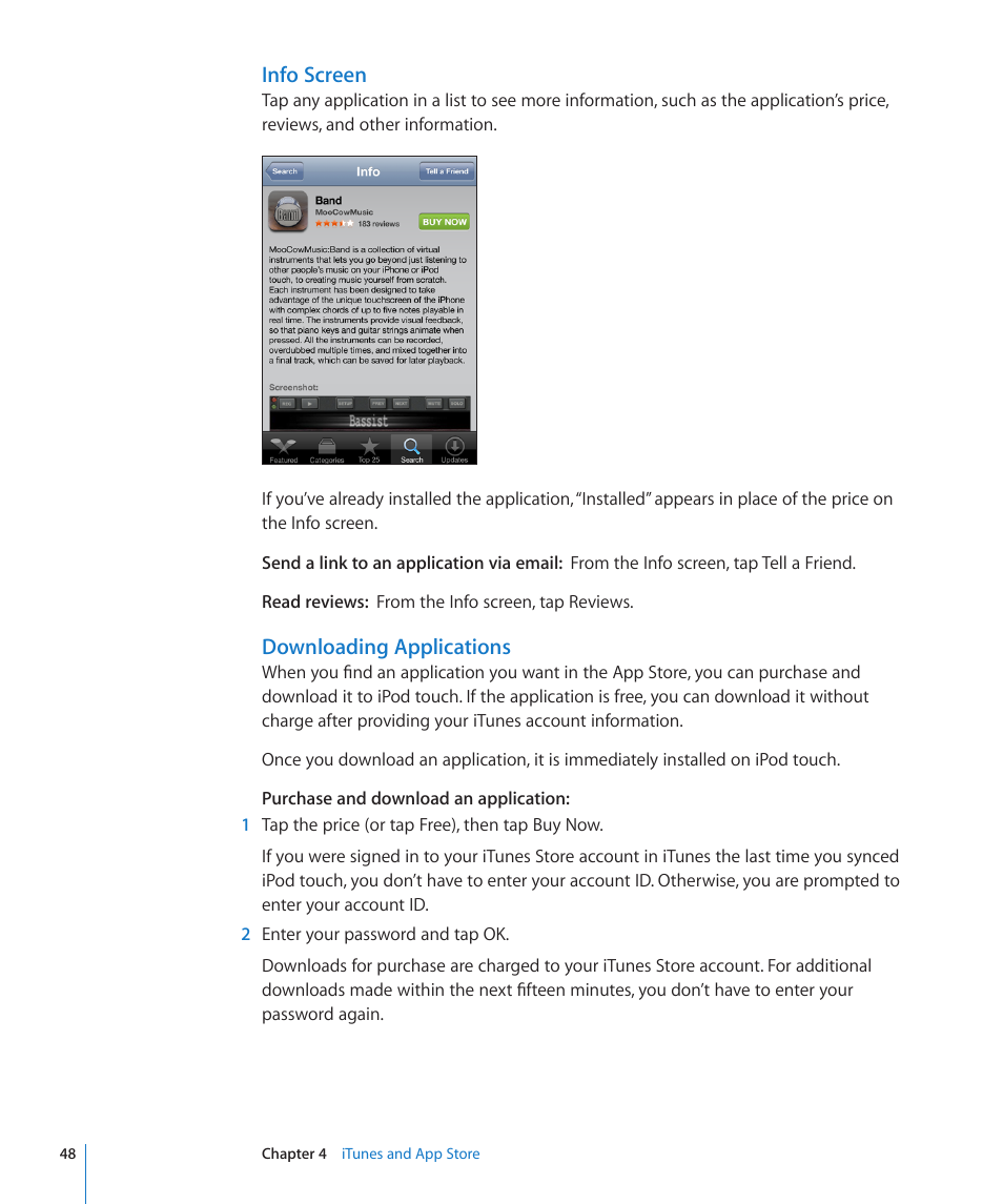 Info screen, Downloading applications | Apple iPod touch iOS 2.1 User Manual | Page 48 / 122