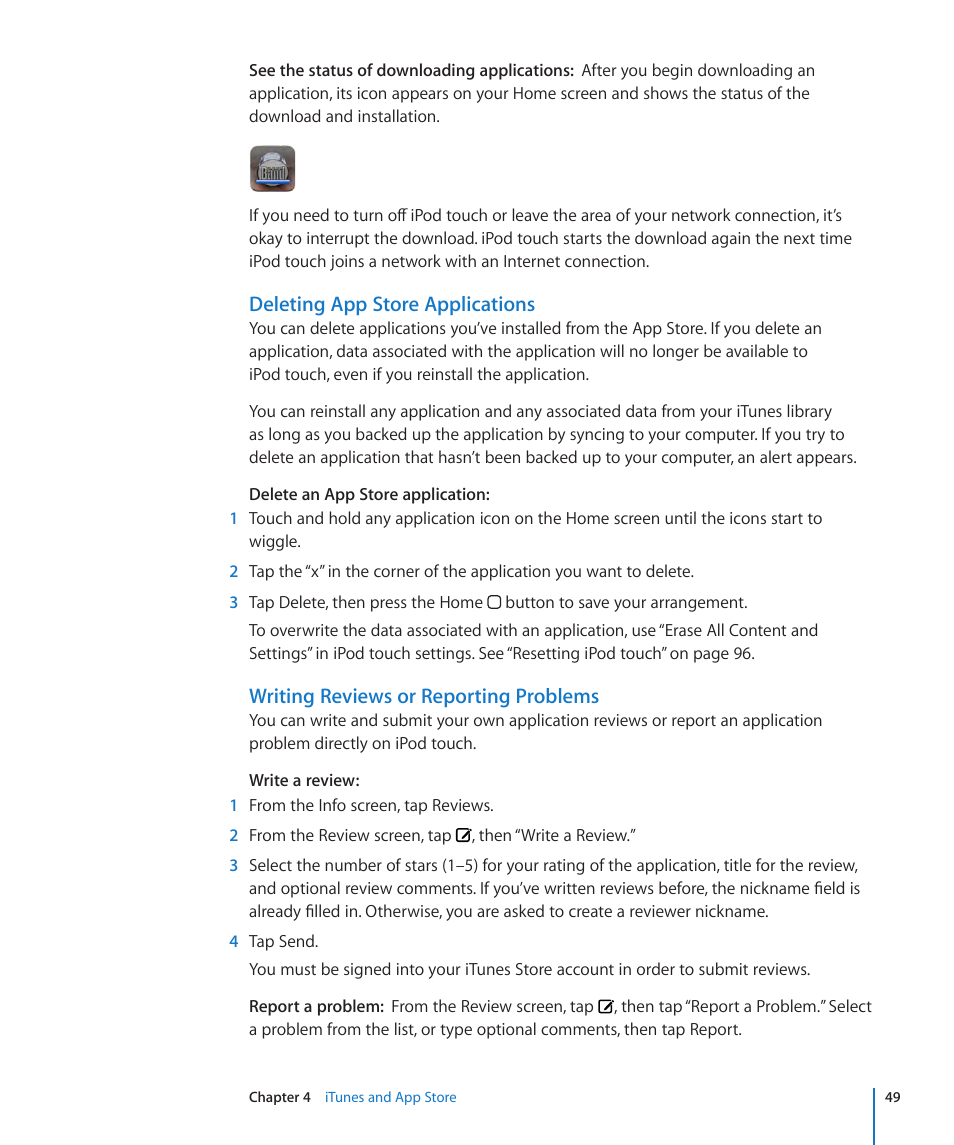 Deleting app store applications, Writing reviews or reporting problems | Apple iPod touch iOS 2.1 User Manual | Page 49 / 122