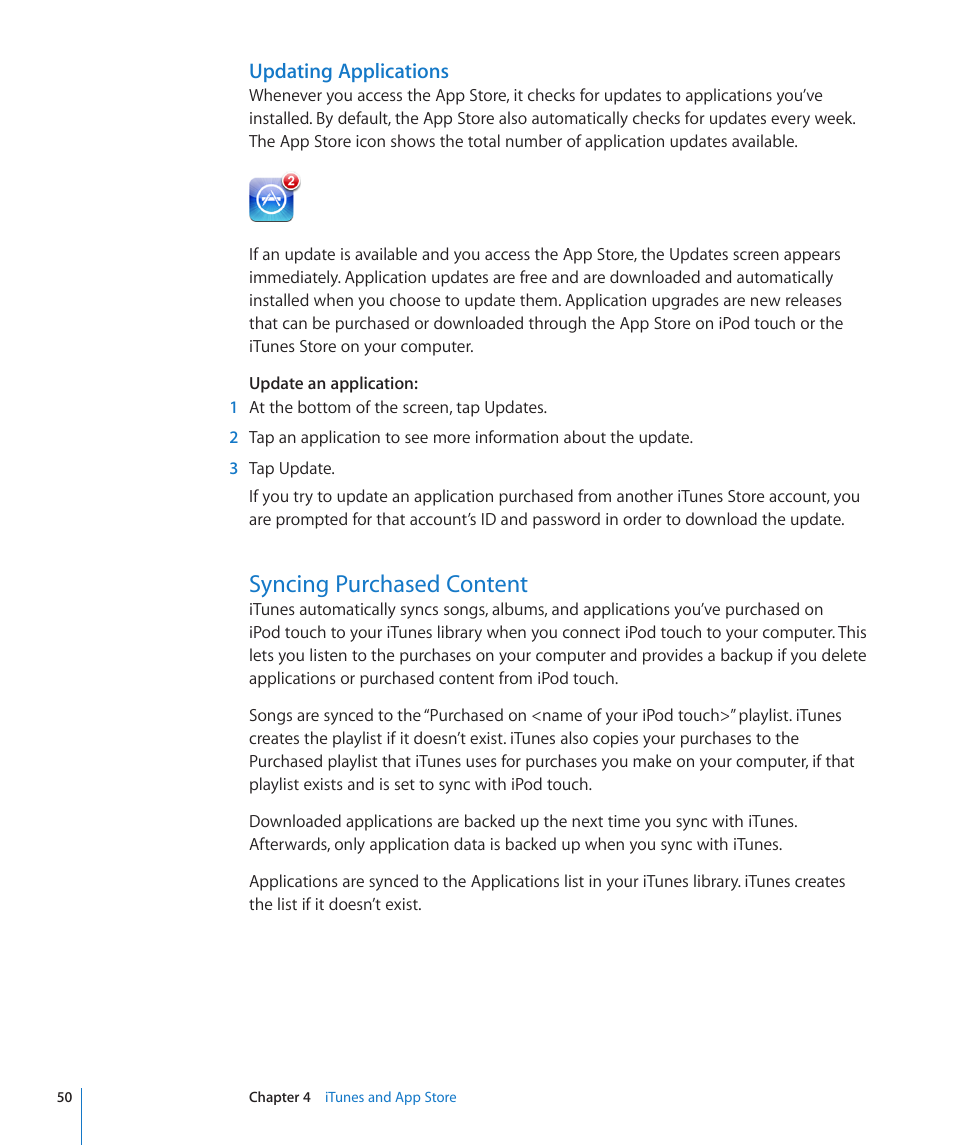 Syncing purchased content, 50 syncing purchased content, Updating applications | Apple iPod touch iOS 2.1 User Manual | Page 50 / 122