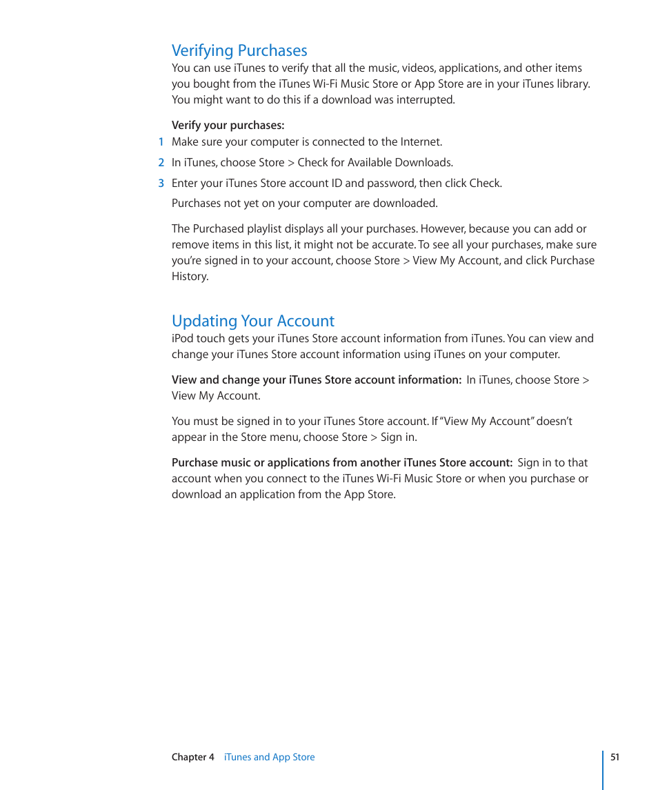 Verifying purchases, Updating your account | Apple iPod touch iOS 2.1 User Manual | Page 51 / 122