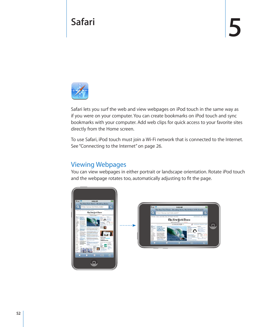 Chapter 5: safari, Safari | Apple iPod touch iOS 2.1 User Manual | Page 52 / 122