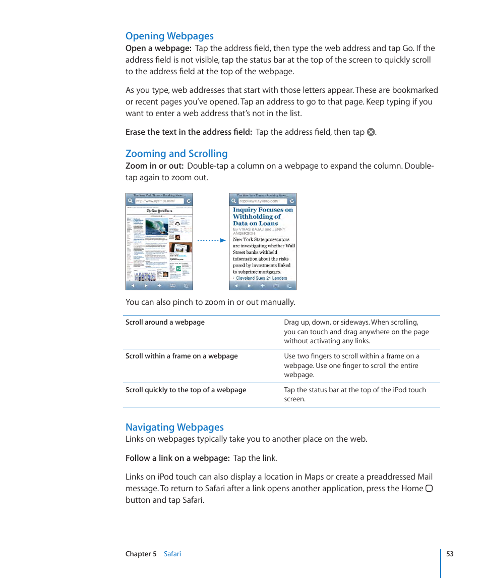 Opening webpages, Zooming and scrolling, Navigating webpages | Apple iPod touch iOS 2.1 User Manual | Page 53 / 122