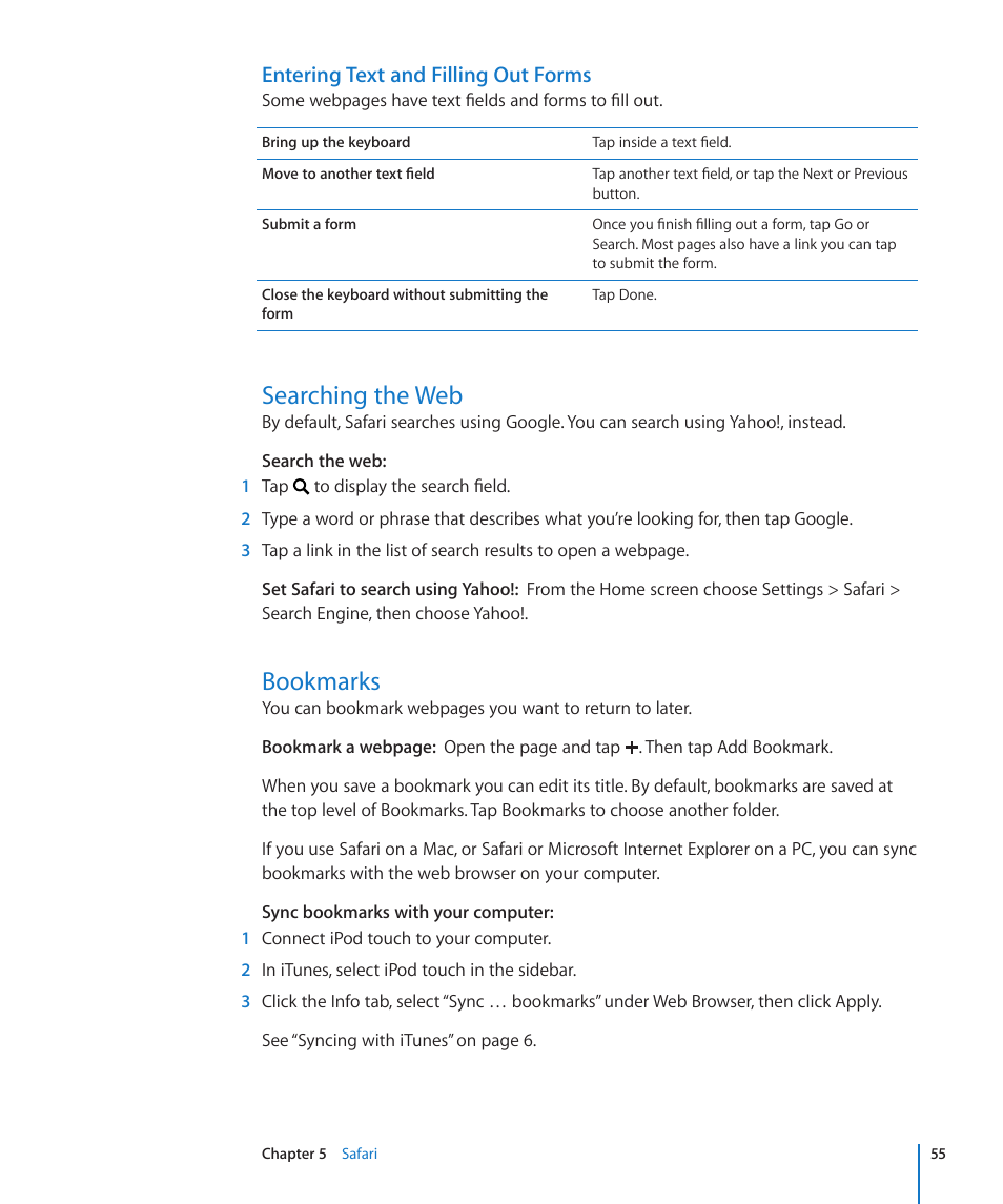 Searching the web, Bookmarks, 55 searching the web 55 bookmarks | Entering text and filling out forms | Apple iPod touch iOS 2.1 User Manual | Page 55 / 122