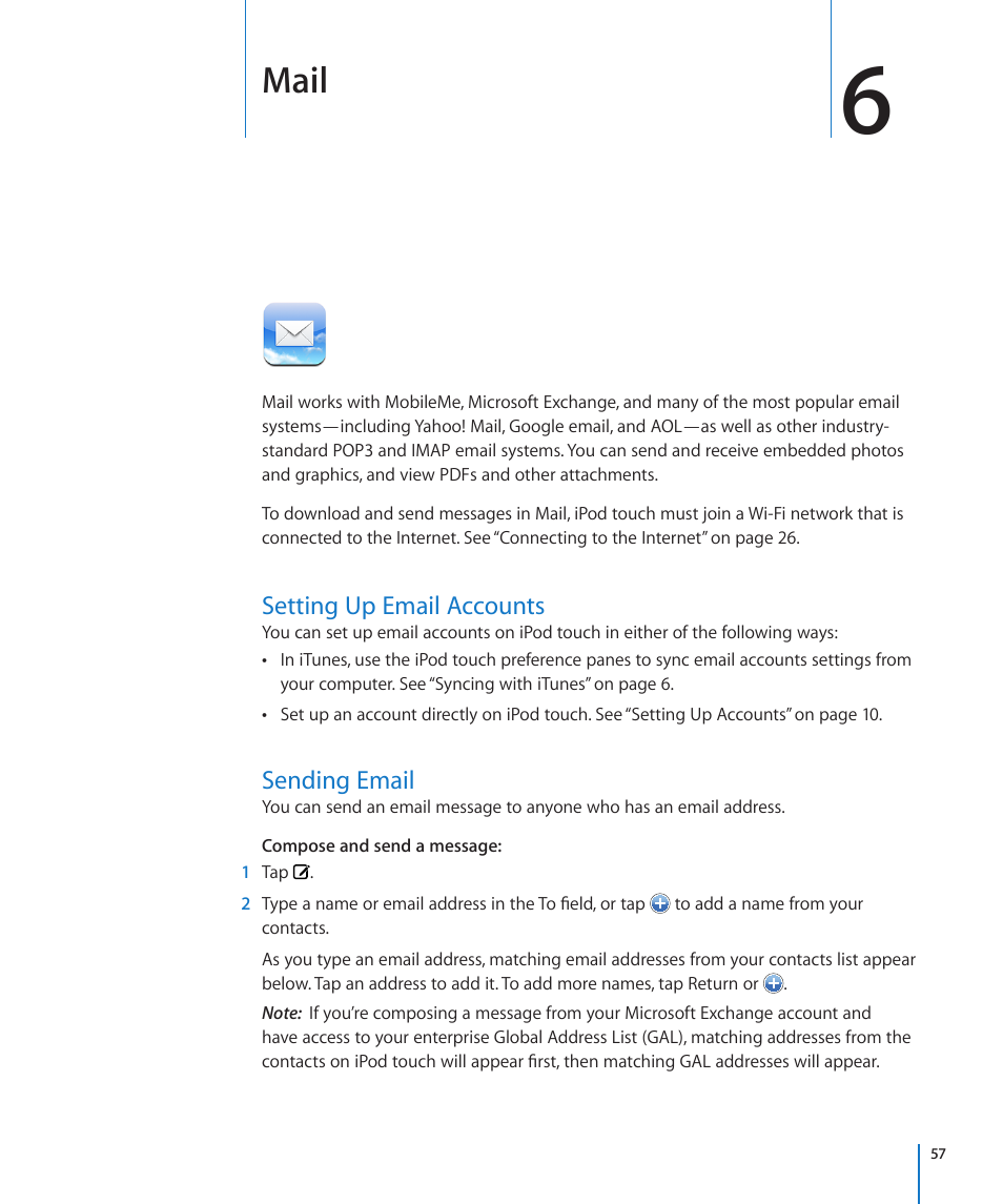 Chapter 6: mail, Setting up email accounts, Sending email | 57 setting up email accounts 57 sending email, Mail | Apple iPod touch iOS 2.1 User Manual | Page 57 / 122