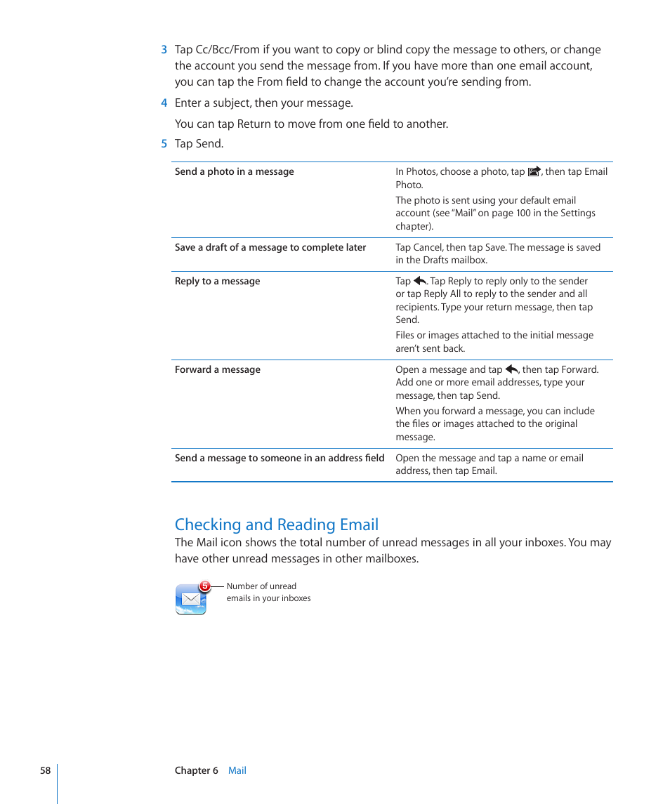 Checking and reading email, 58 checking and reading email | Apple iPod touch iOS 2.1 User Manual | Page 58 / 122