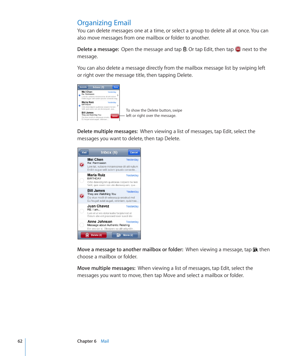 Organizing email, 62 organizing email | Apple iPod touch iOS 2.1 User Manual | Page 62 / 122