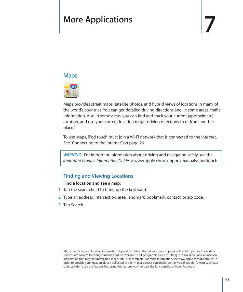 Chapter 7: more applications, Maps, 63 maps | More applications | Apple iPod touch iOS 2.1 User Manual | Page 63 / 122