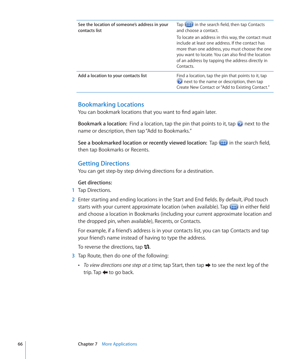 Bookmarking locations, Getting directions | Apple iPod touch iOS 2.1 User Manual | Page 66 / 122