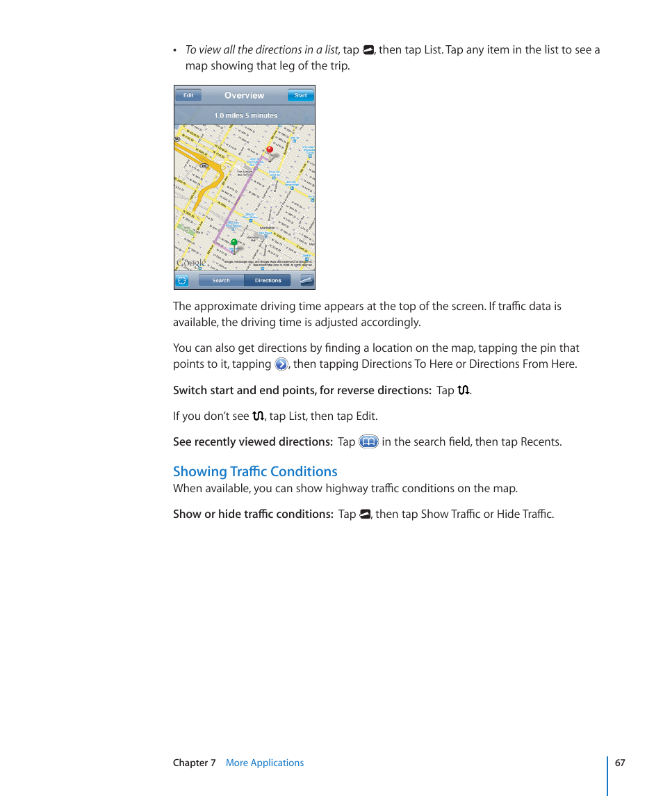 Showing traffic conditions | Apple iPod touch iOS 2.1 User Manual | Page 67 / 122